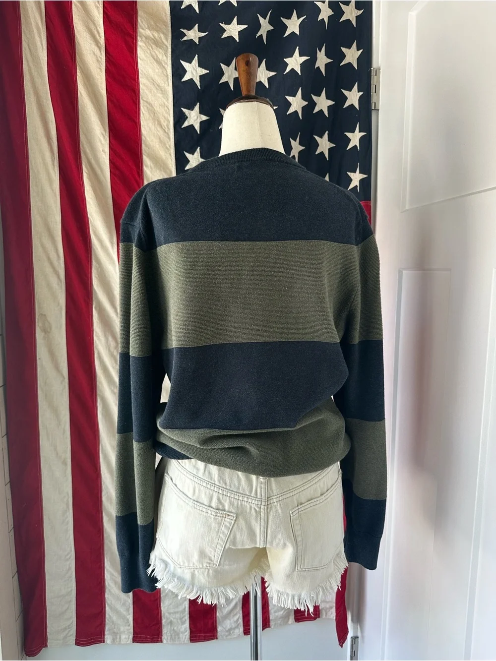 J.Crew Factory Navy & Green Wide Striped Crewneck Knit Sweater M unisex